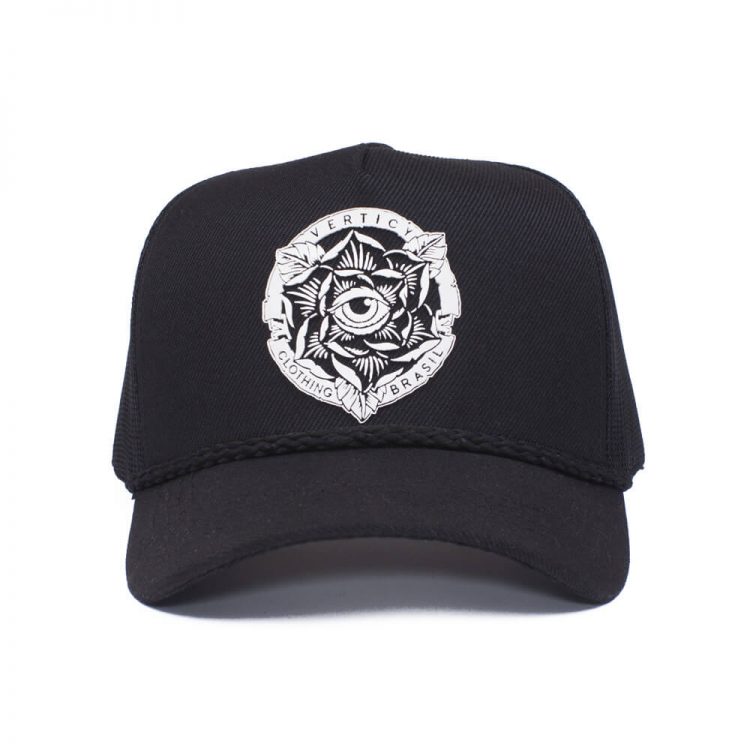Boné trucker preto com cordão na aba - Frente